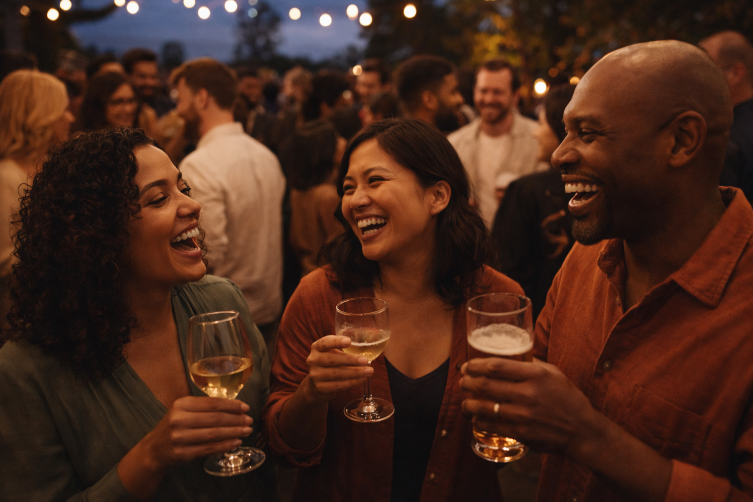 Guests laughing at a private event with drinks and string lights