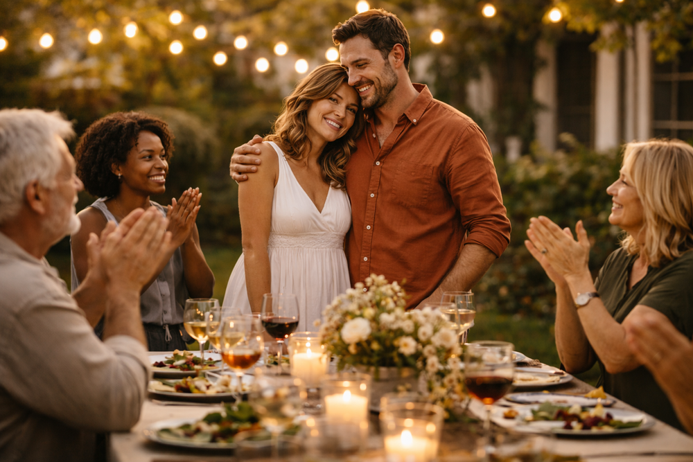 A couple embracing at a candlelit dinner under string lights while friends applaud