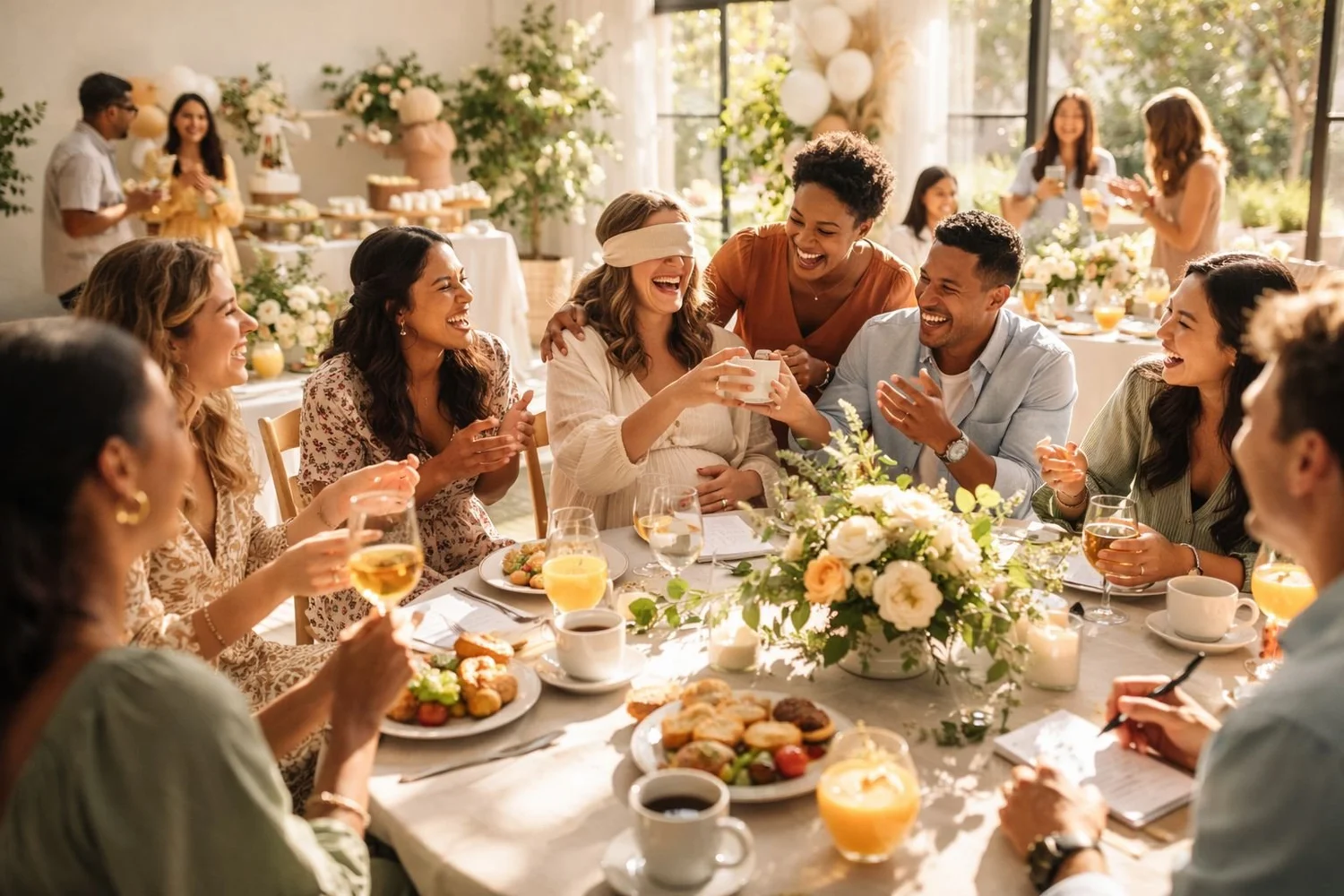 Guests at a private celebration laughing together at a long table with natural light