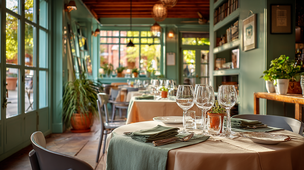An empty private dining room in soft morning light