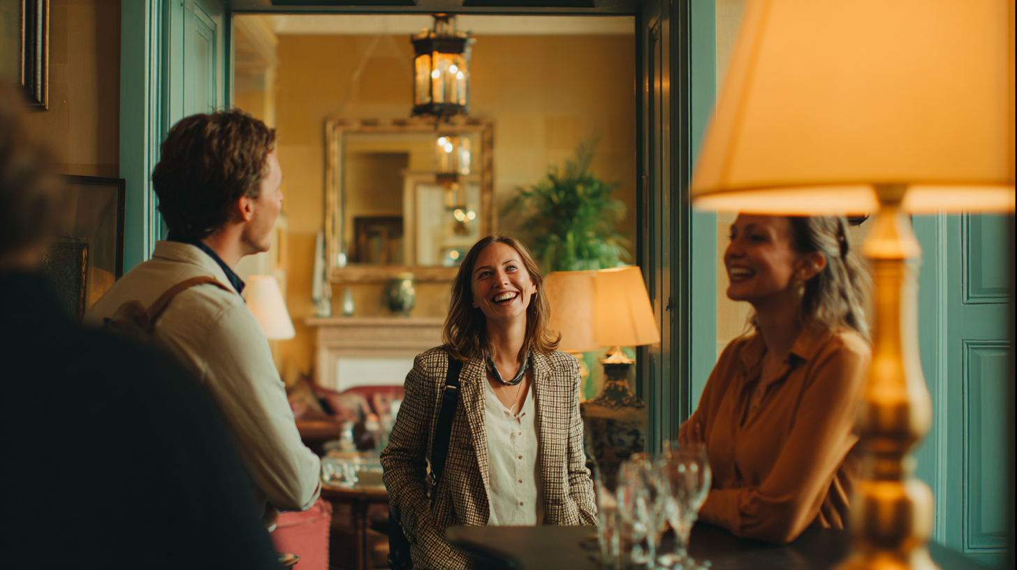 A venue host walking guests through an event room