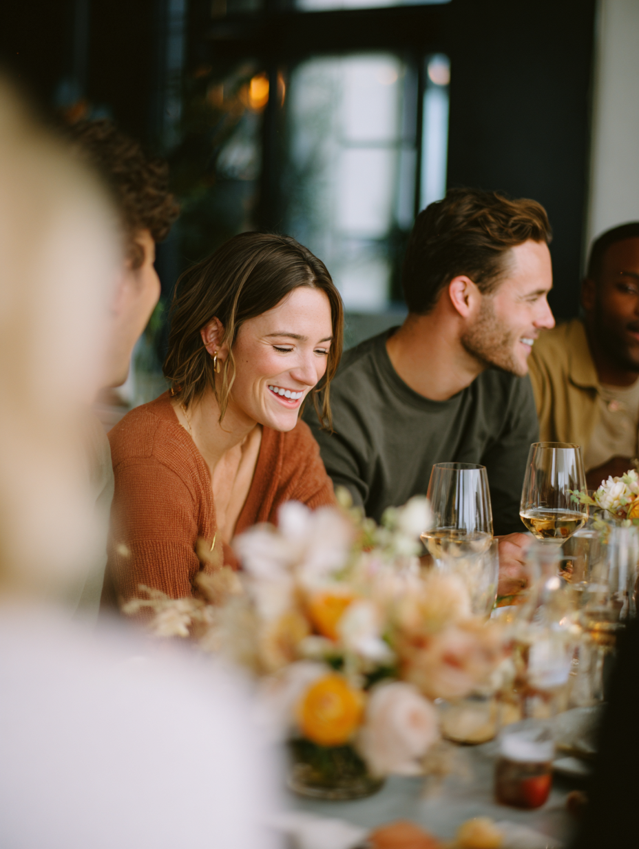 Friends gathered around an indoor private dinner table in spring light
