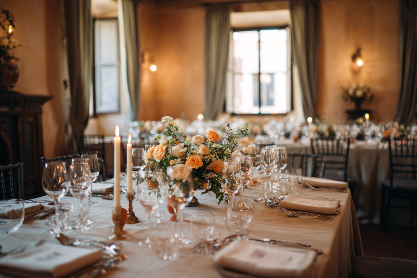 A long table set for a private dinner event, with candles and floral centerpieces