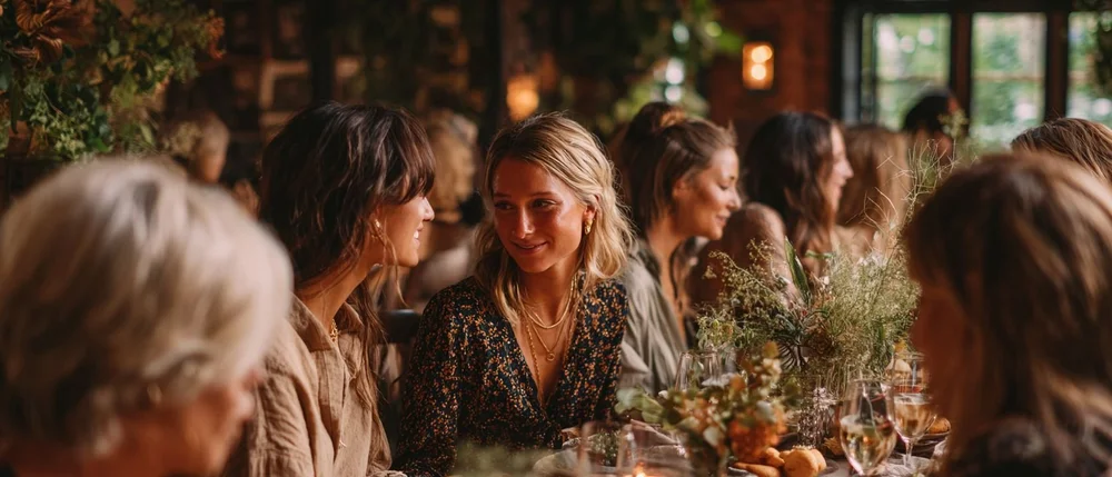 Friends sharing dinner in a private dining space with greenery