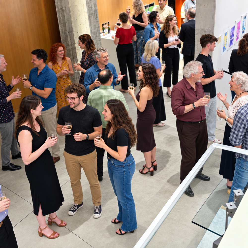 A full reception on the ground floor, guests talking in groups