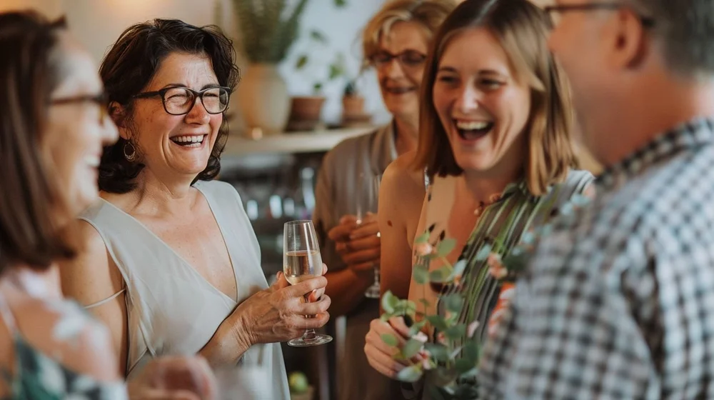 A woman in glasses laughing with friends at a daytime celebration