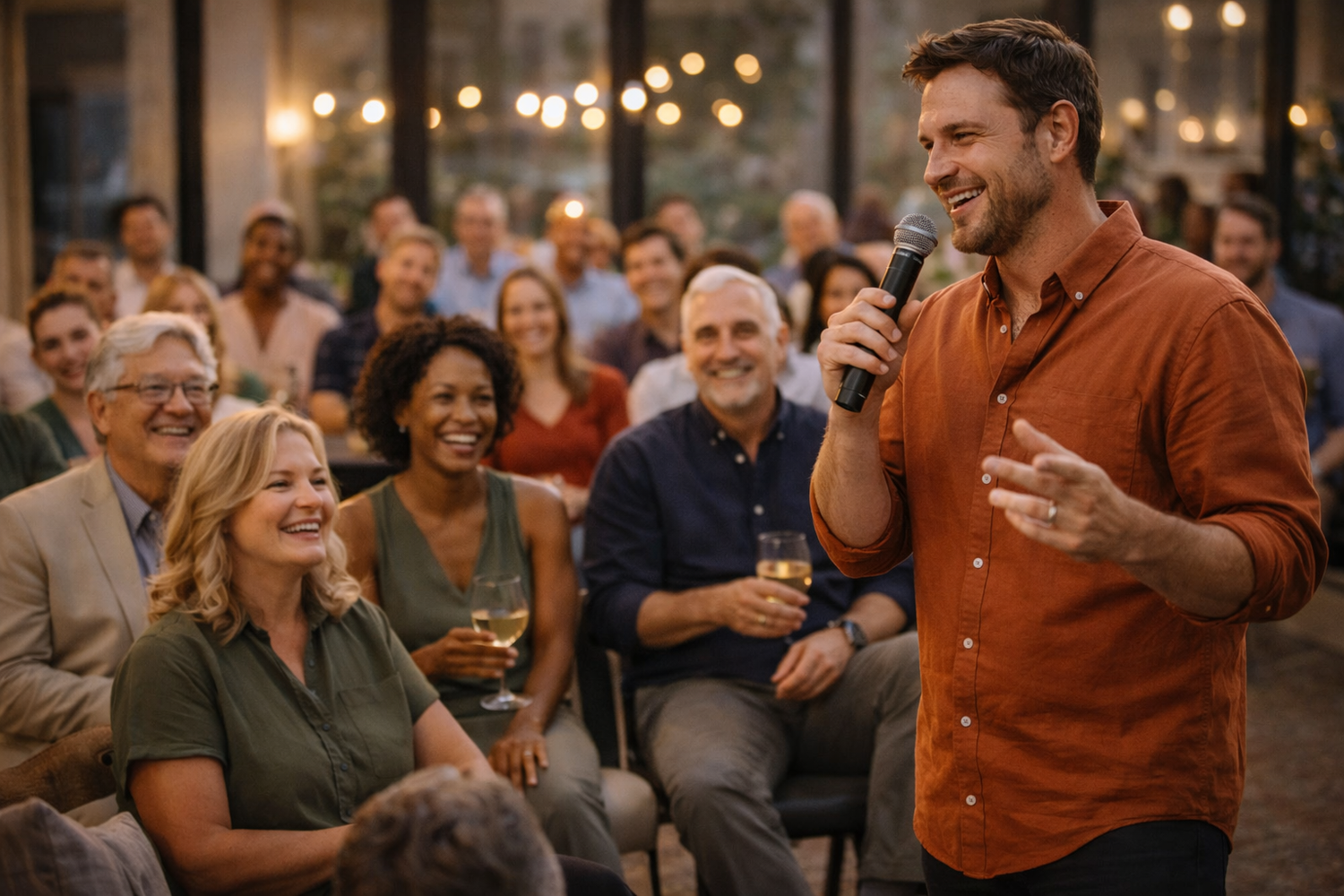 A speaker addressing a seated audience at a private event