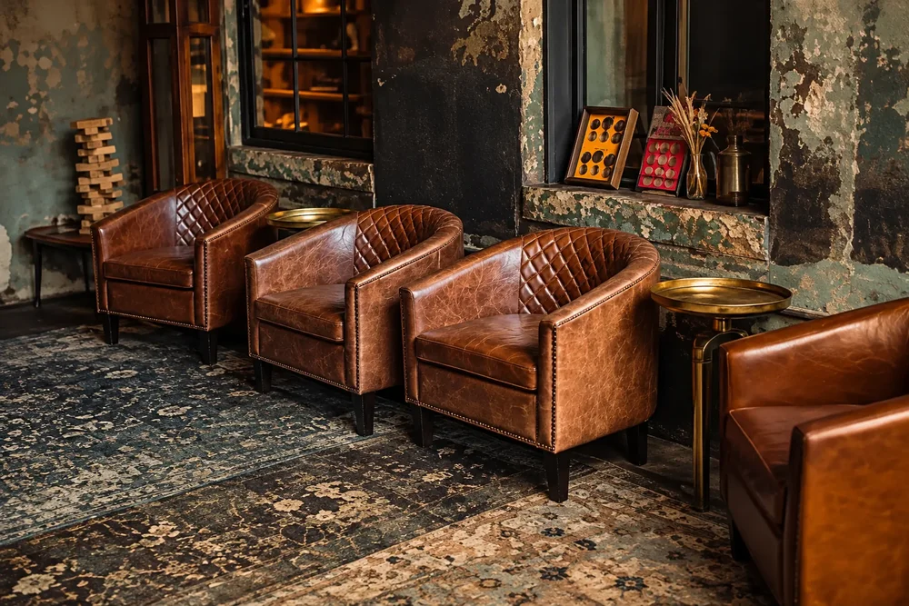 Leather armchairs and low light in the Whiskey Lounge