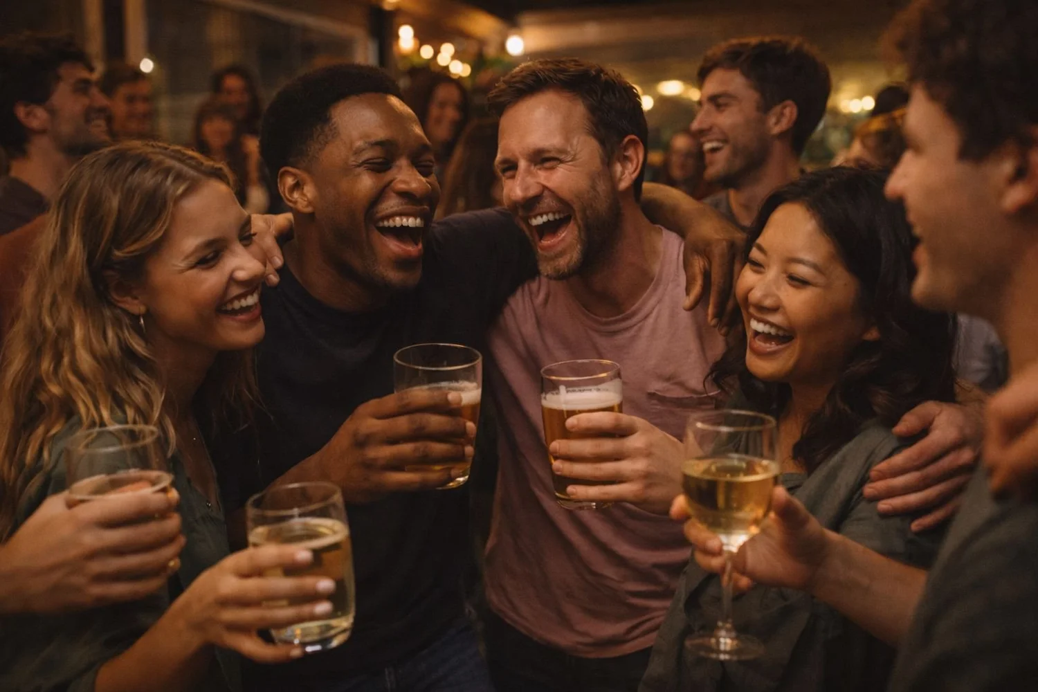 A late-night scene at a private bar with groups of friends and moody ambient lighting