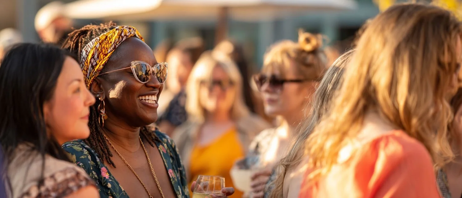 Friends enjoying outdoor drinks at a Los Angeles venue on a summer evening