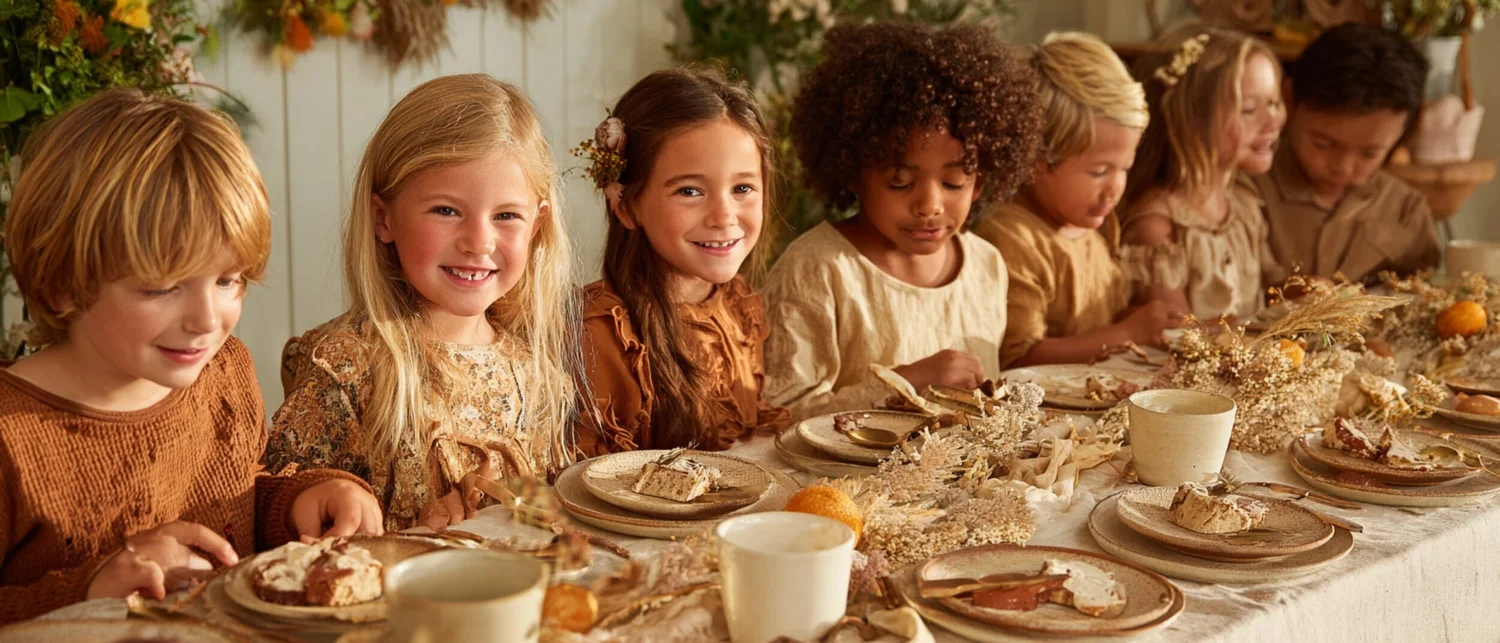 A bright private patio set for a children's party with colorful decorations and long tables