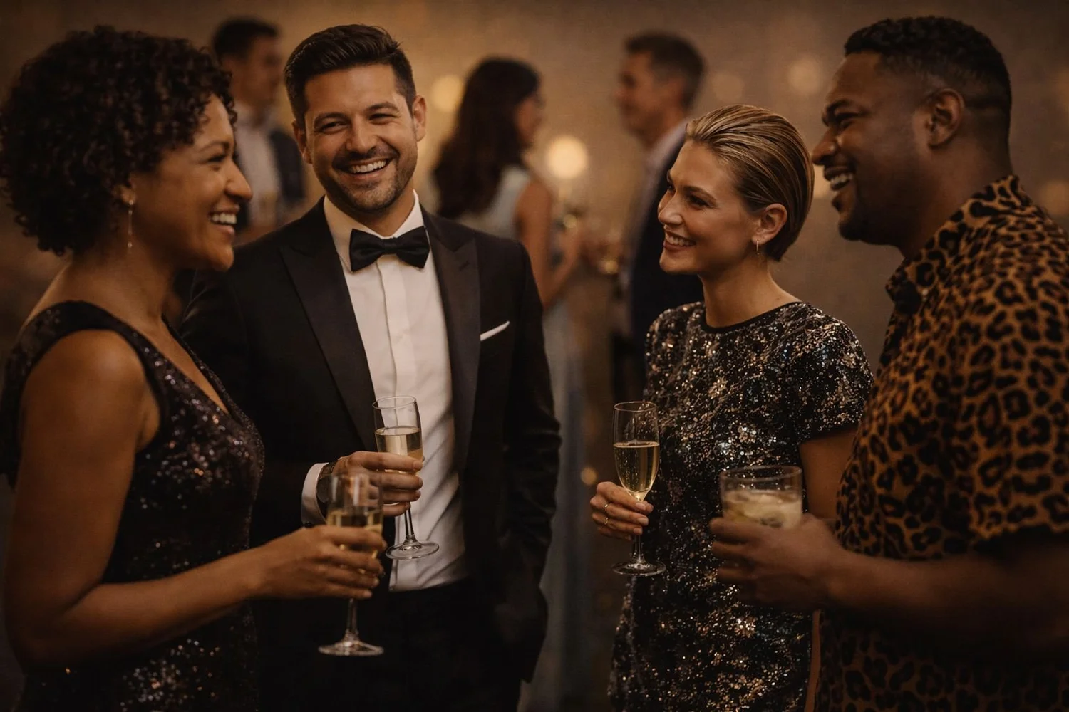 A rooftop bar at night with string lights and a private group celebrating with cocktails