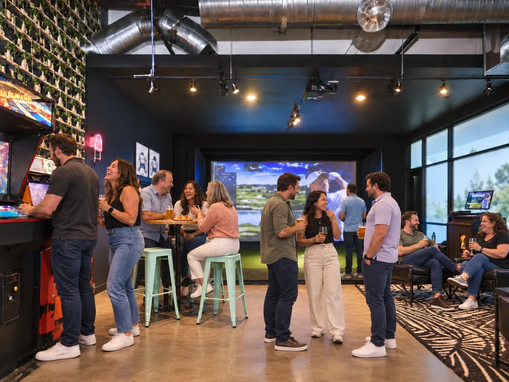 Friends in the speakeasy, arcade games along one wall and a golf simulator screen behind