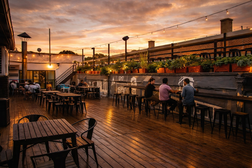 BKLYN Commons rooftop bar at sunset with skyline views