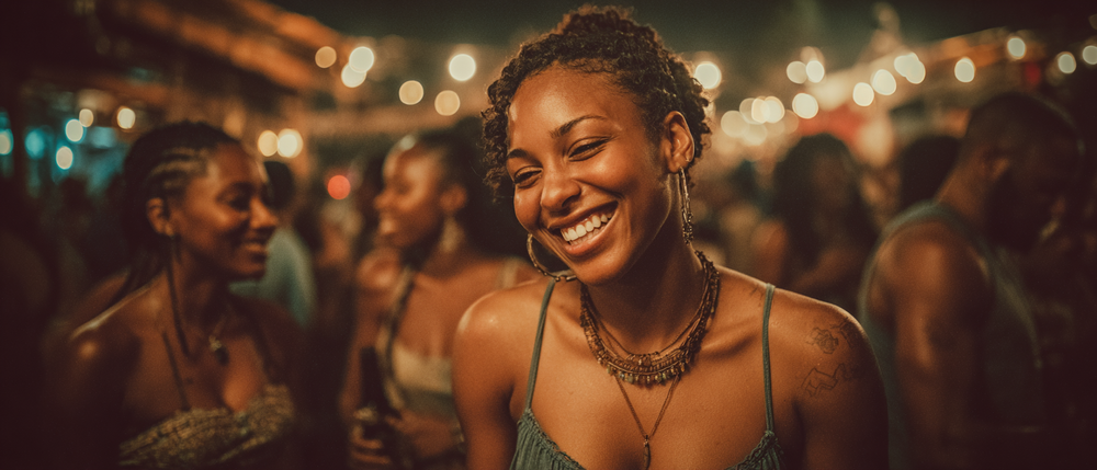 A woman laughing under string lights