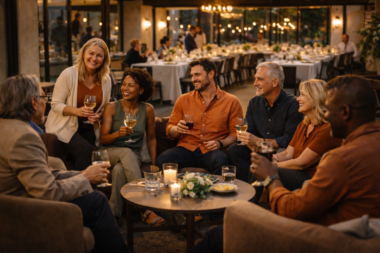 Colleagues gathered around a table at a private business dinner