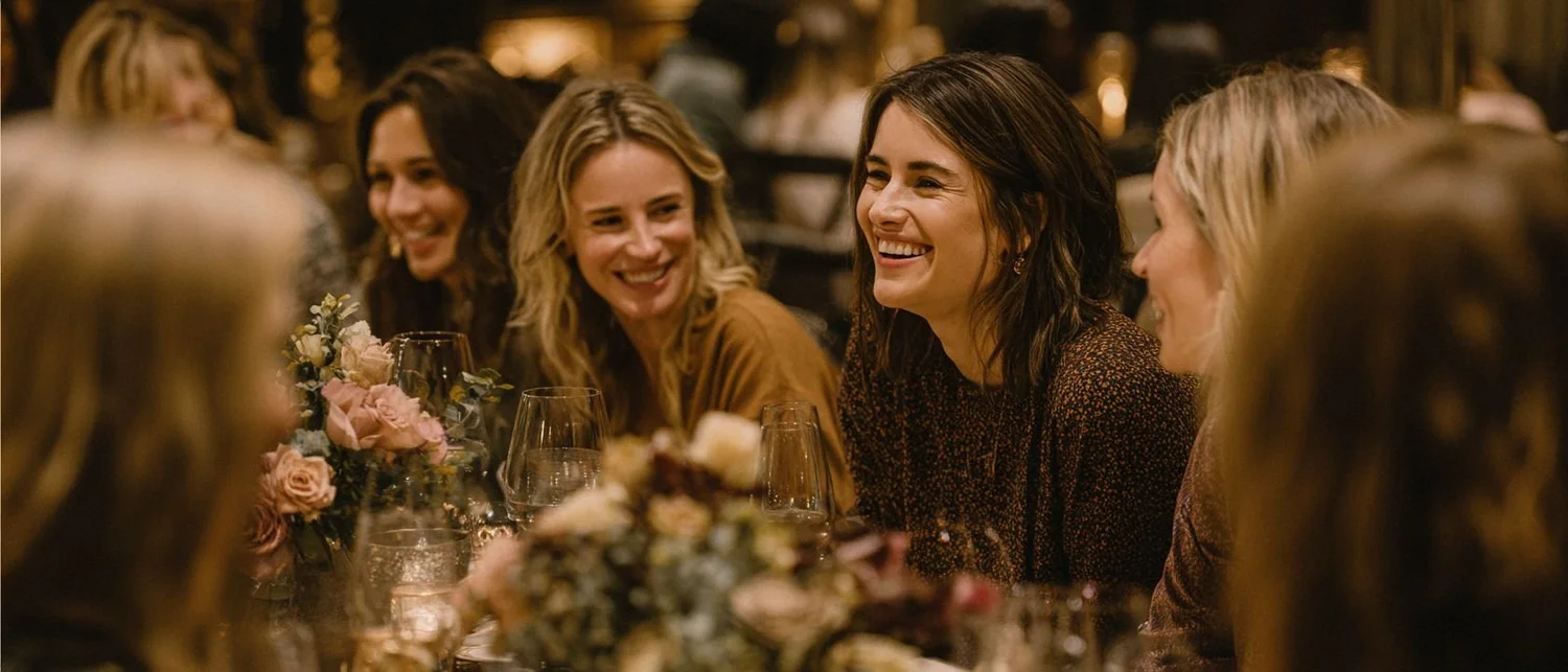 Group of friends laughing and toasting at a private celebration in a restaurant