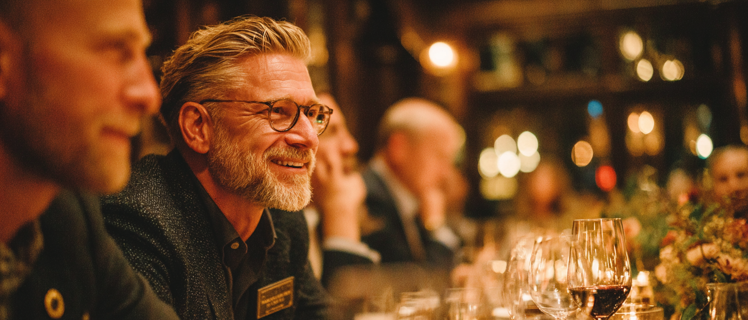 A long candlelit private dinner table with guests dressed for the evening