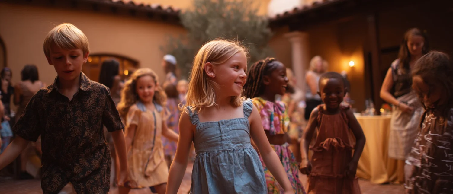 A private venue decorated for a kids milestone celebration with string lights and a long table set for a party