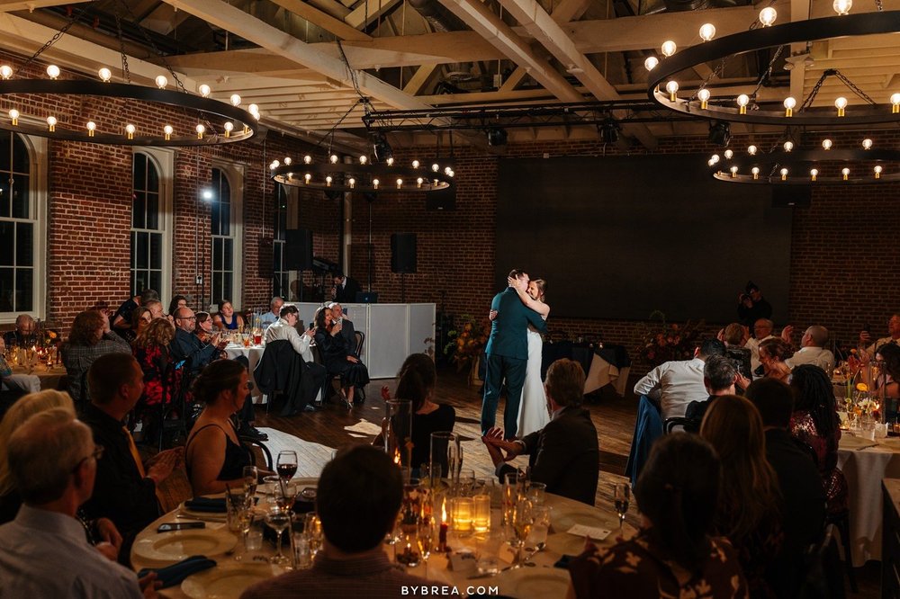 Crown Hall during a wedding dinner under string lights
