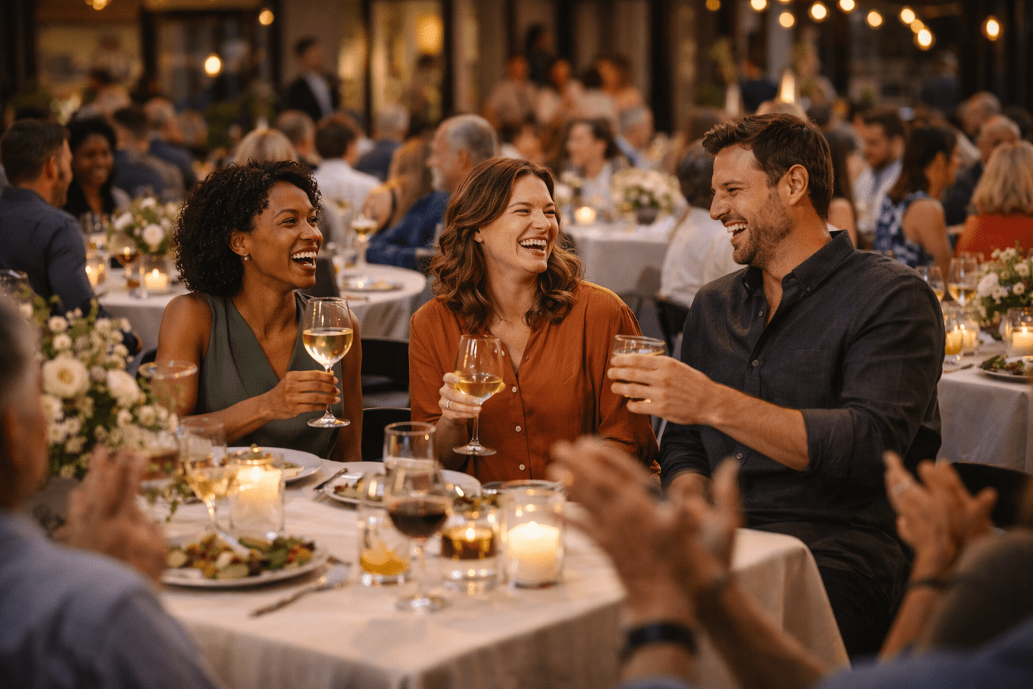 Friends laughing together at an evening event with string lights