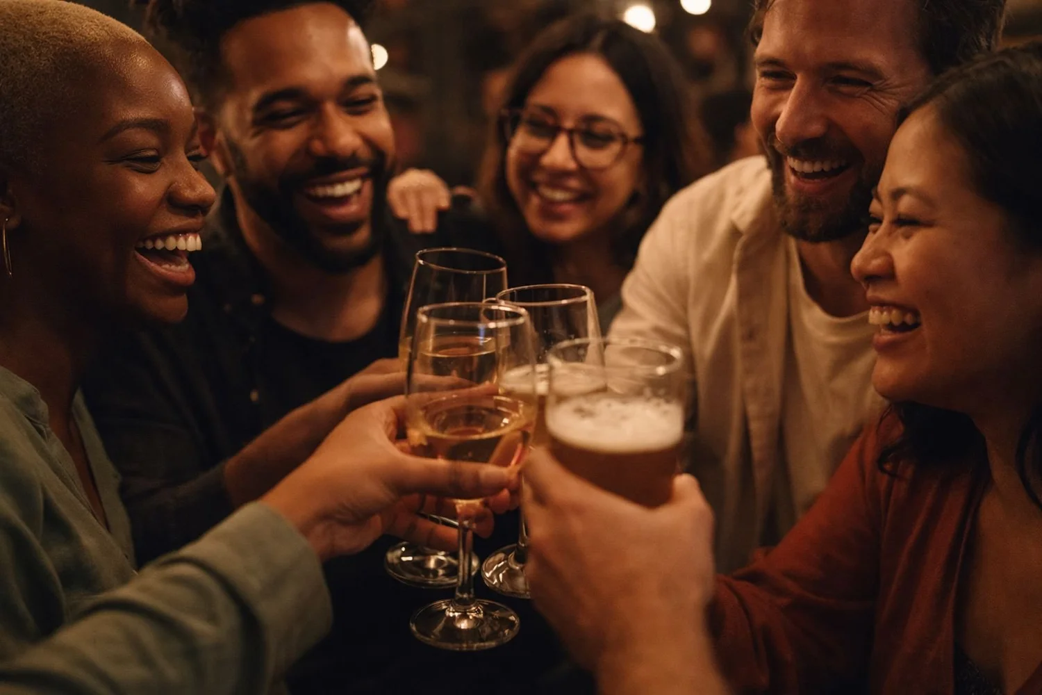 Friends raising glasses in a toast at a private event venue