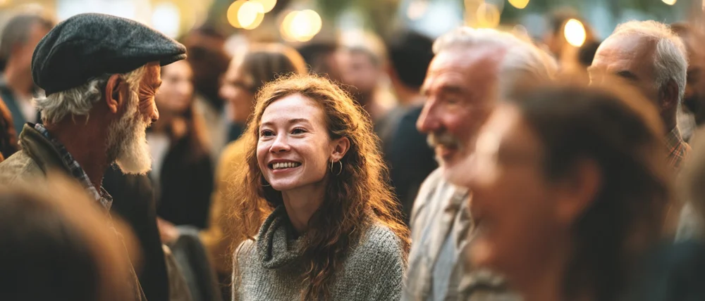 A woman smiling in a crowd of people talking