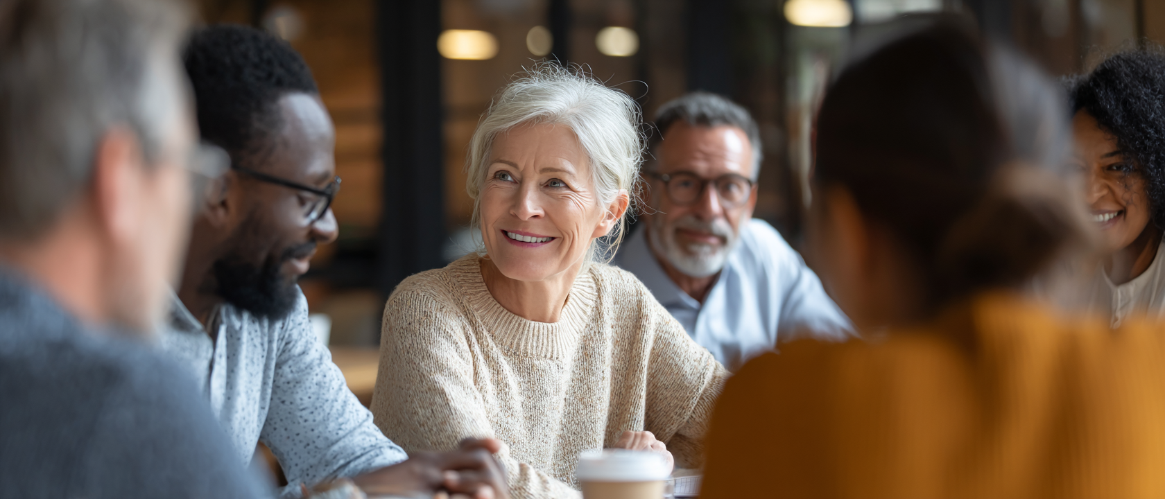 A mature group meeting around a private boardroom conference table