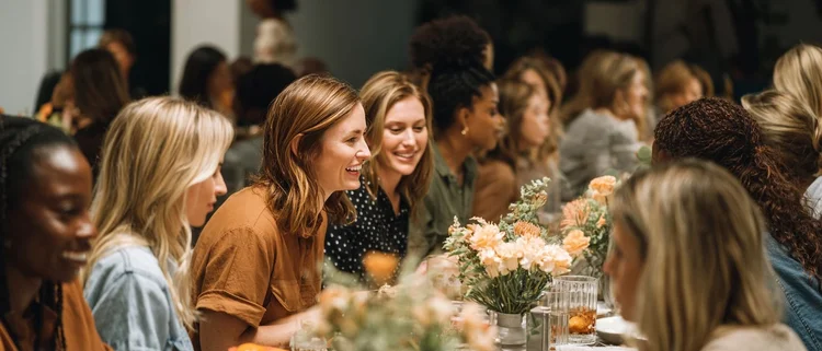 A long event dining table with florals