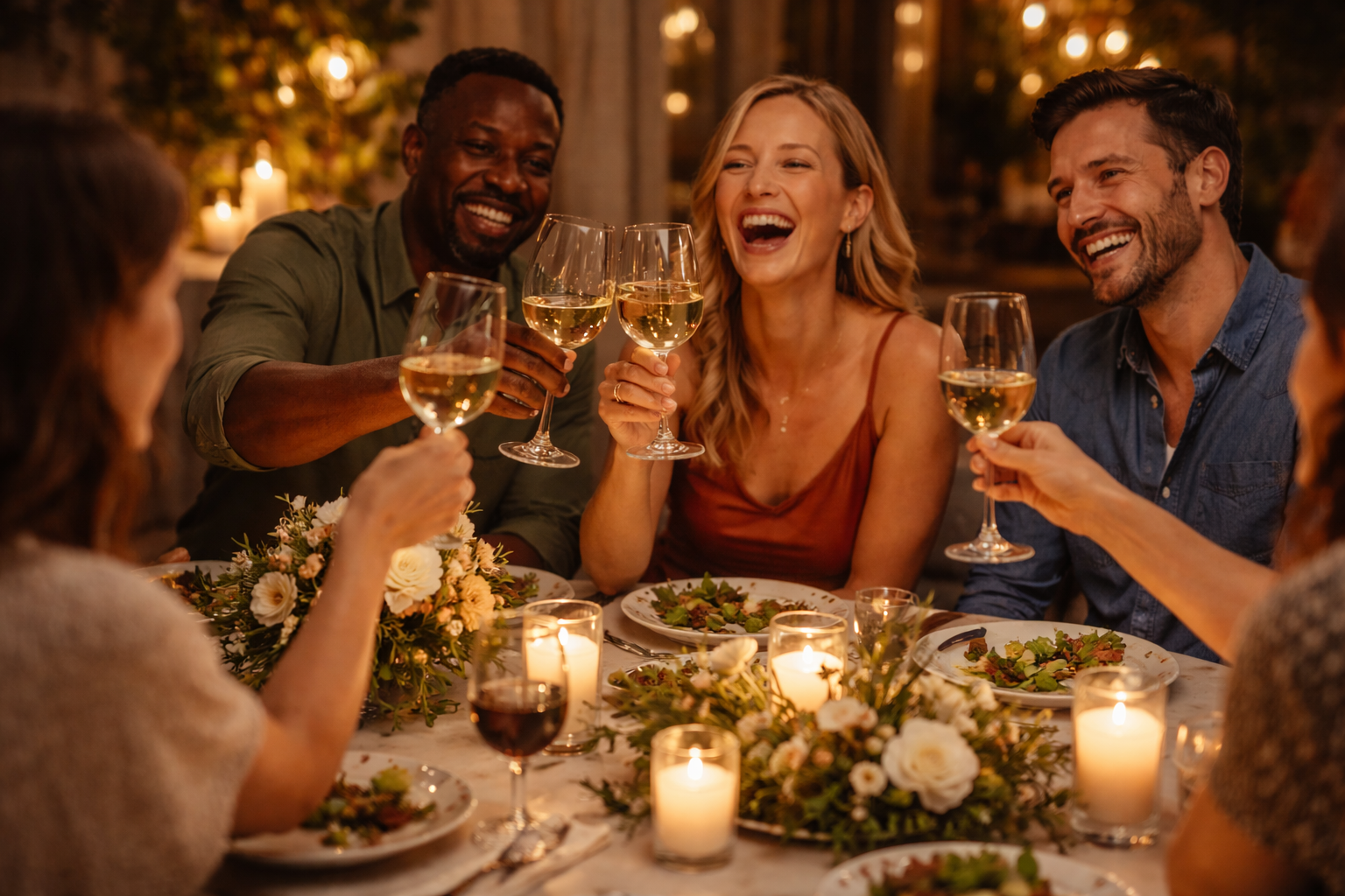 Intimate rehearsal dinner at a private dining room with candles and wine.