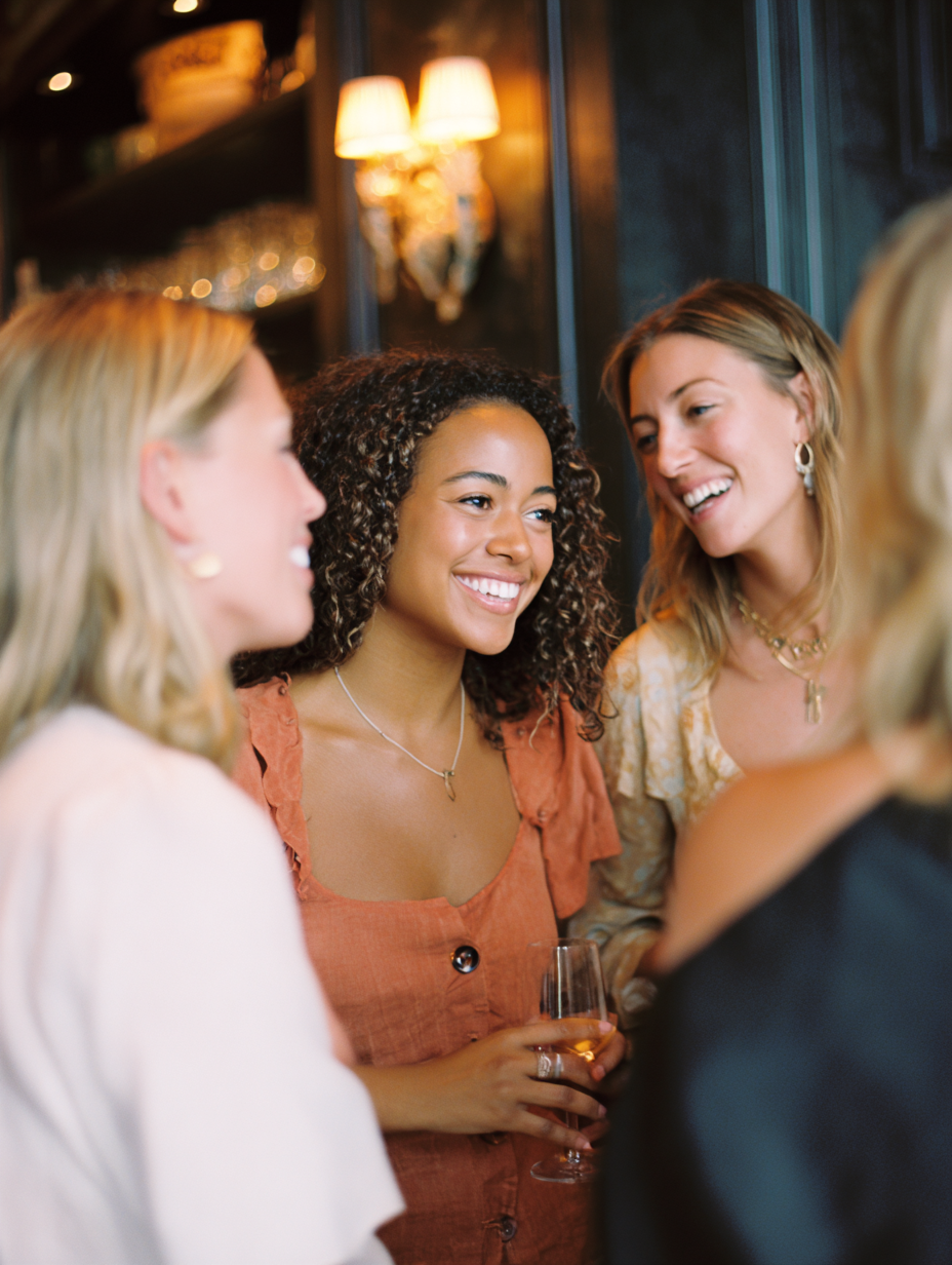 Women in light gowns chatting at an elegant private reception