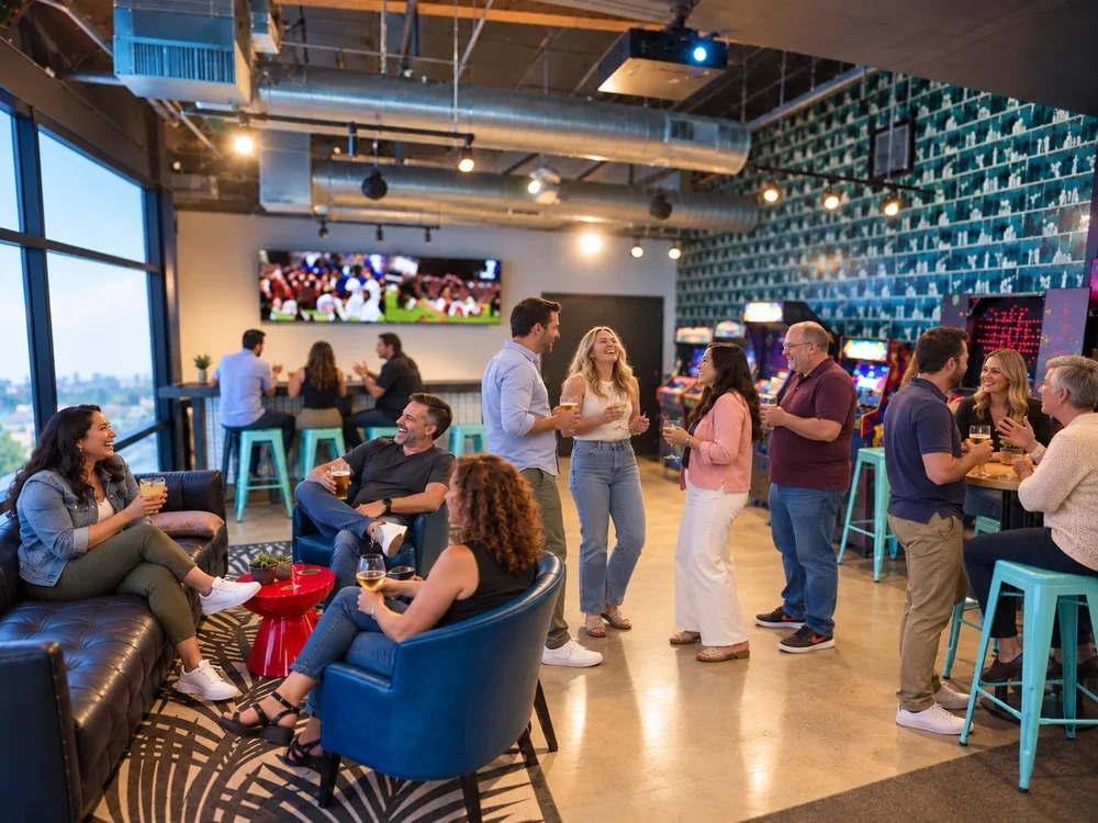 A group relaxing in the lounge seating beside the arcade games