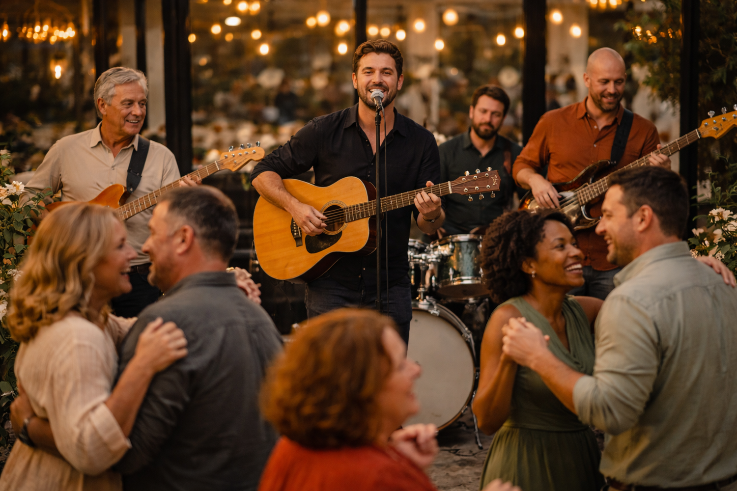 A live band performing at a private event while guests watch and laugh