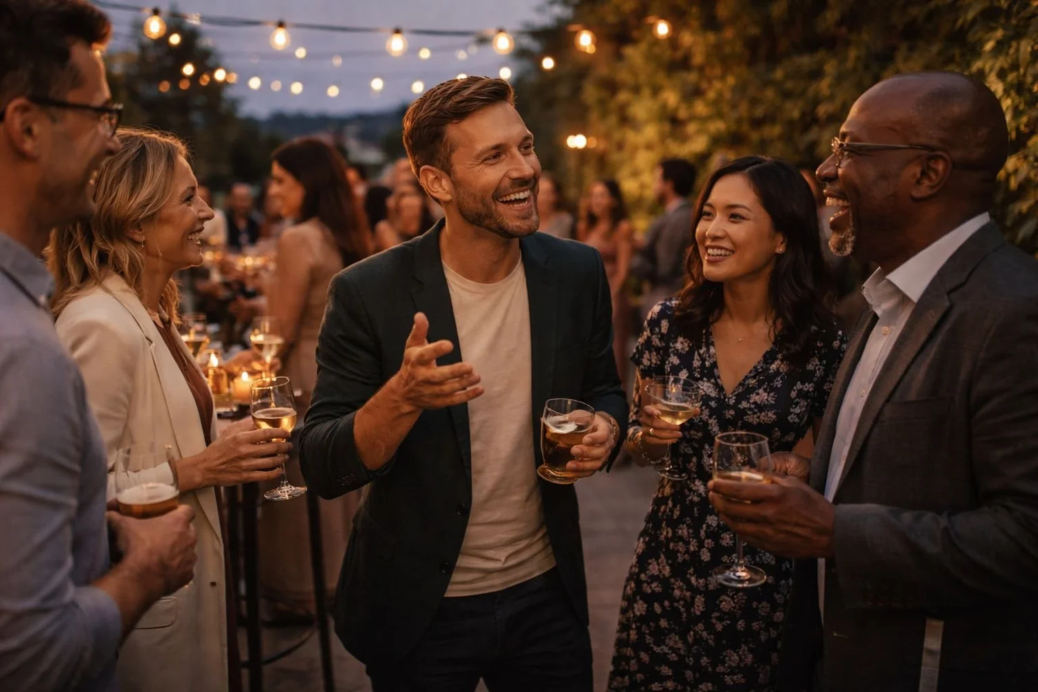 Guests at a cocktail party in a unique venue with warm lighting and festive atmosphere