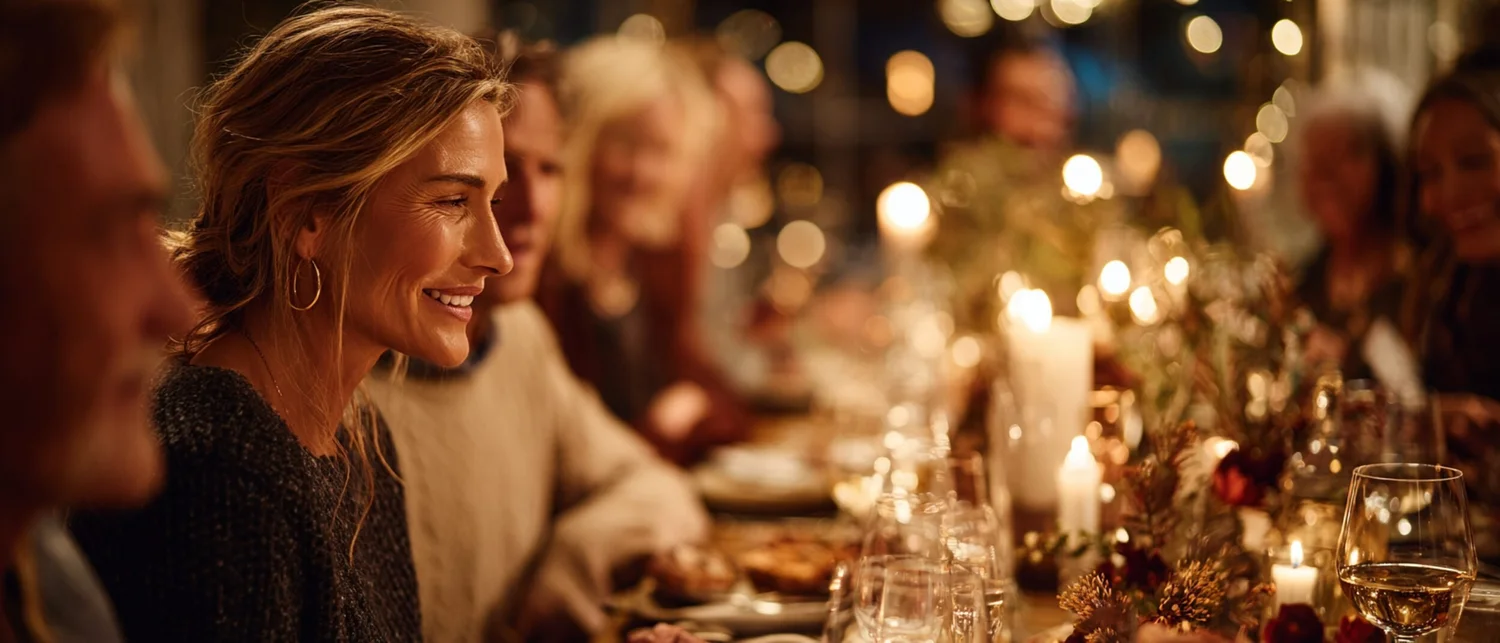 An upscale holiday party cocktail reception filling a venue