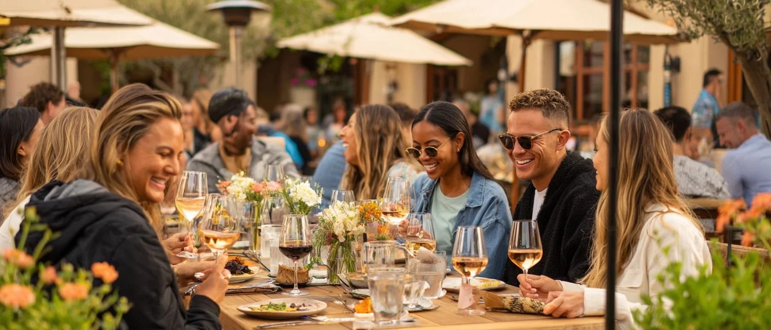 An outdoor patio set for a private dinner on a warm Los Angeles evening