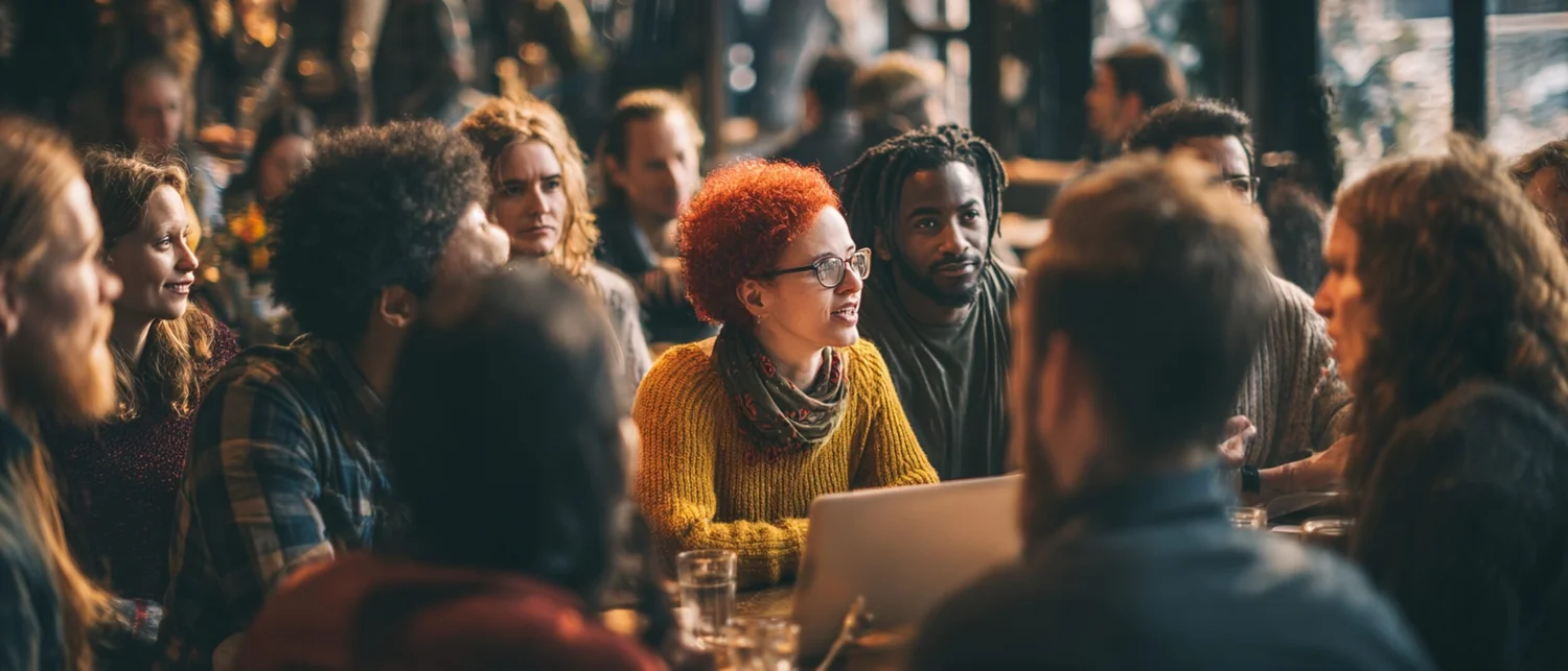 Friends toasting drinks at a bar during an evening private event