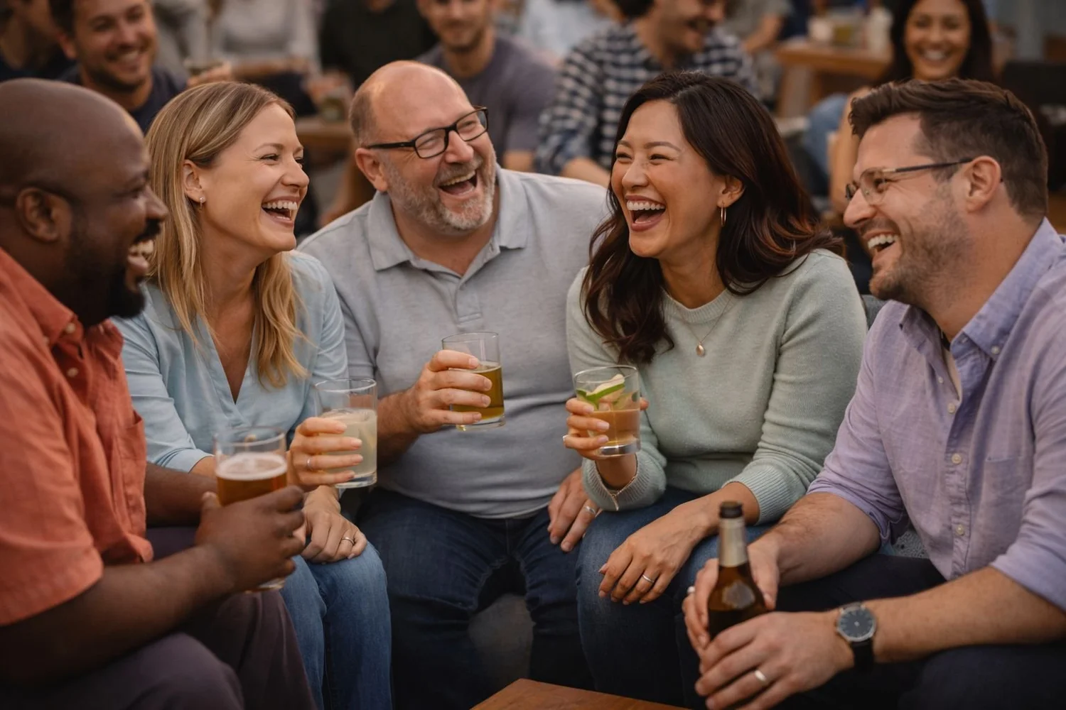 Friends enjoying casual drinks at a private event