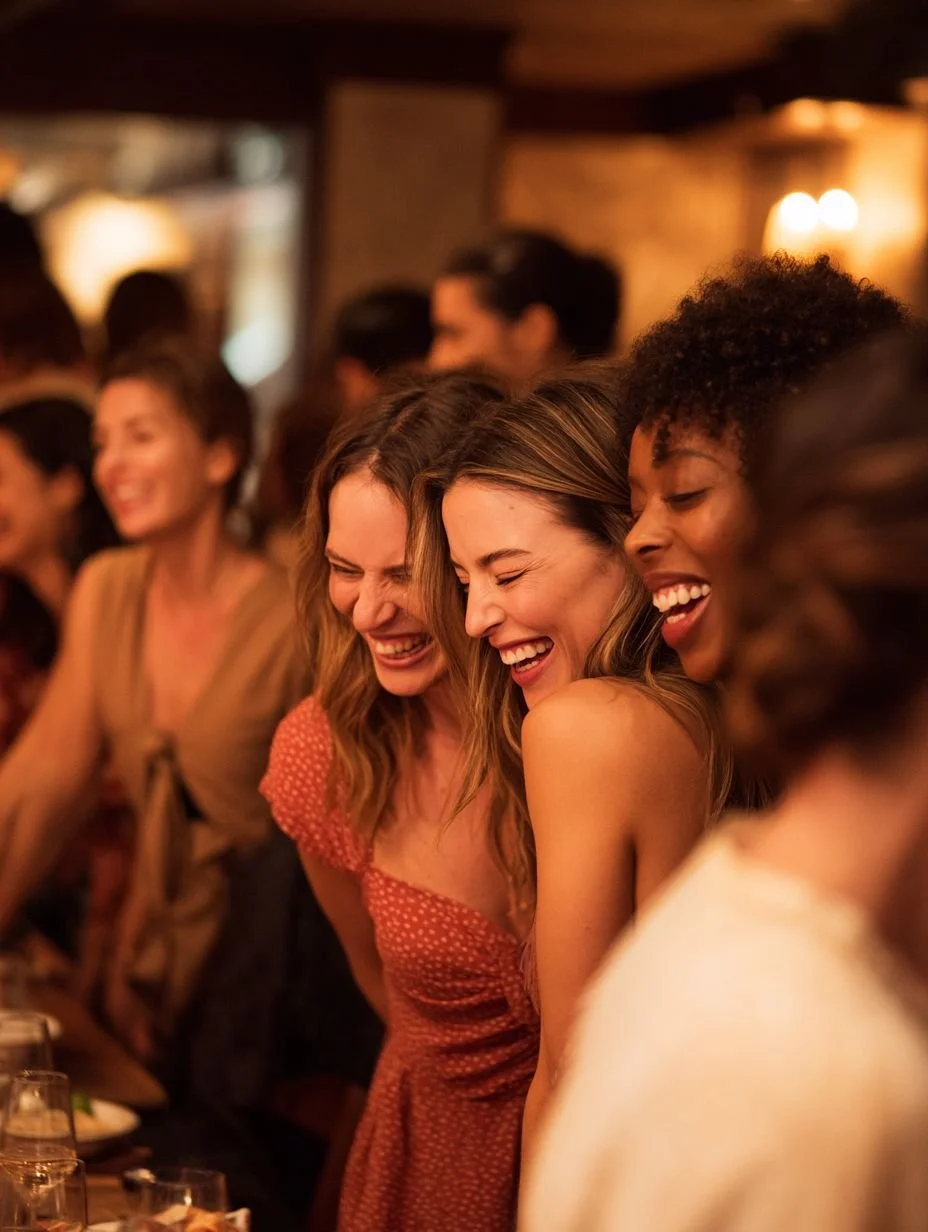 A private dinner party in candlelight, friends laughing at the table