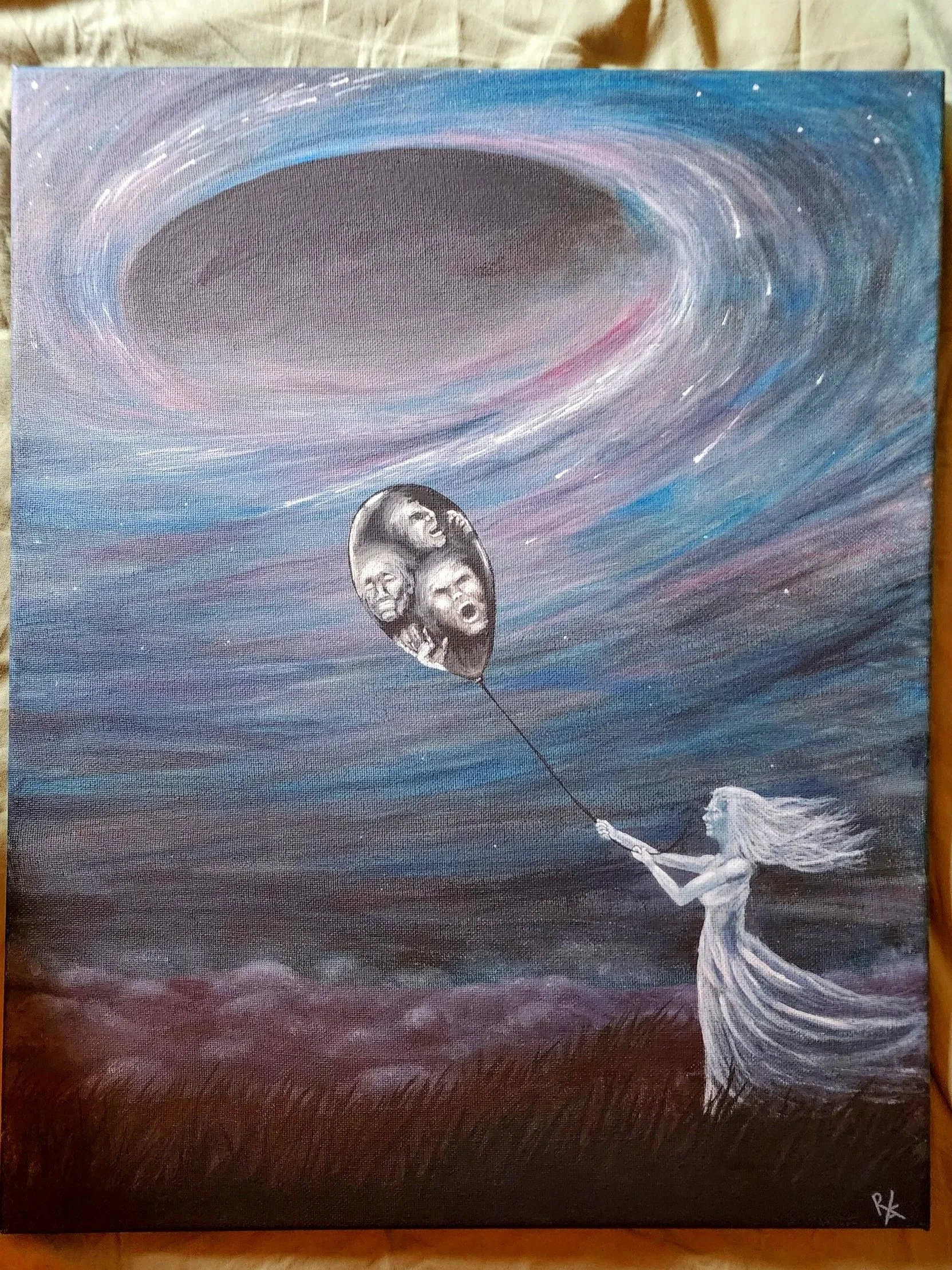 A surreal painting of a woman with long flowing hair holding a string tied to a balloon. The balloon is a black-and-white face with multiple expressions. The background depicts a cosmic scene with swirling stars and a large dark hole in space.