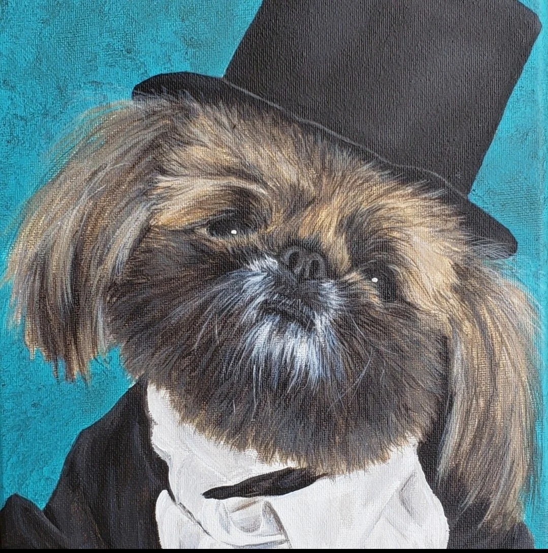 Painting of a dog dressed in a tuxedo and top hat, with a teal background.
