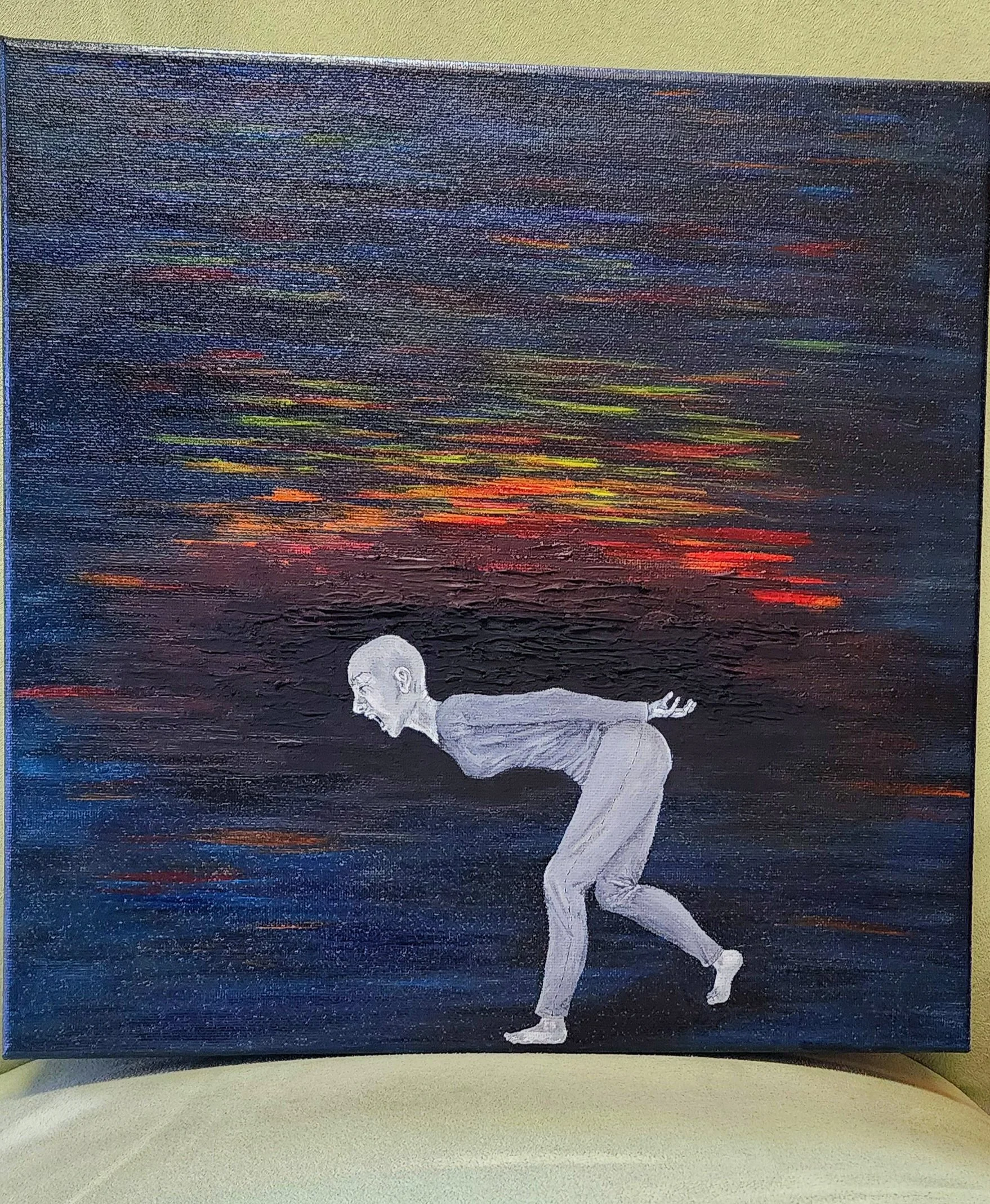 Painting of a human figure in a yoga pose, depicted in white silhouette against a dark, textured background with colorful streaks resembling a sunset or sunrise.