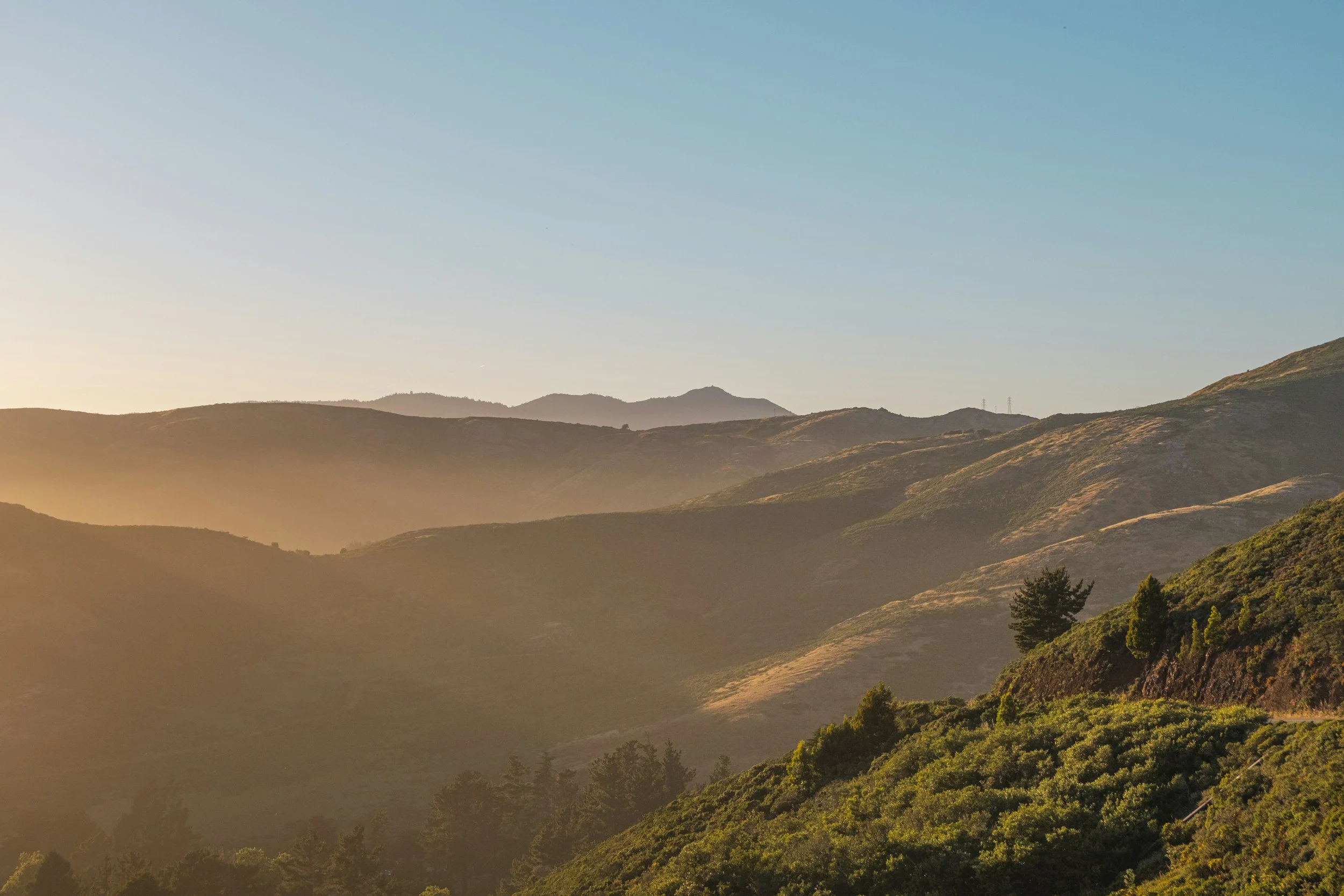 Sunlit rolling hills and mountains with some trees in the foreground and a clear sky at sunrise or sunset.