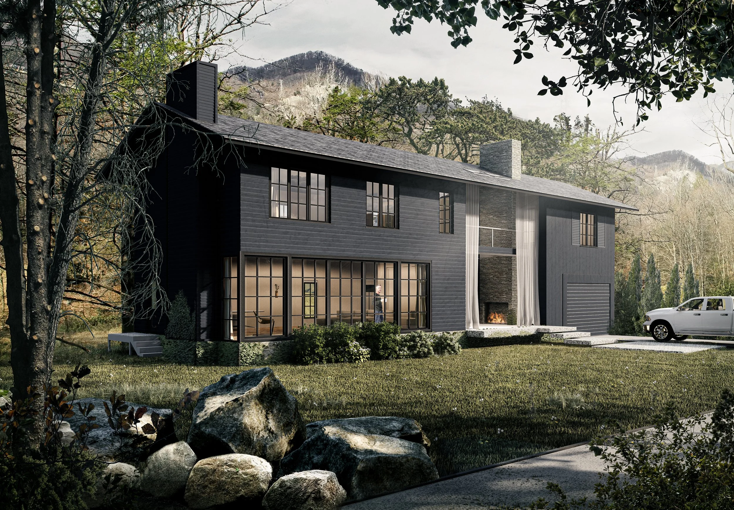 Modern mountain retreat with expansive grid windows, outdoor fireplace, and minimalist landscaping — architectural harmony in nature.