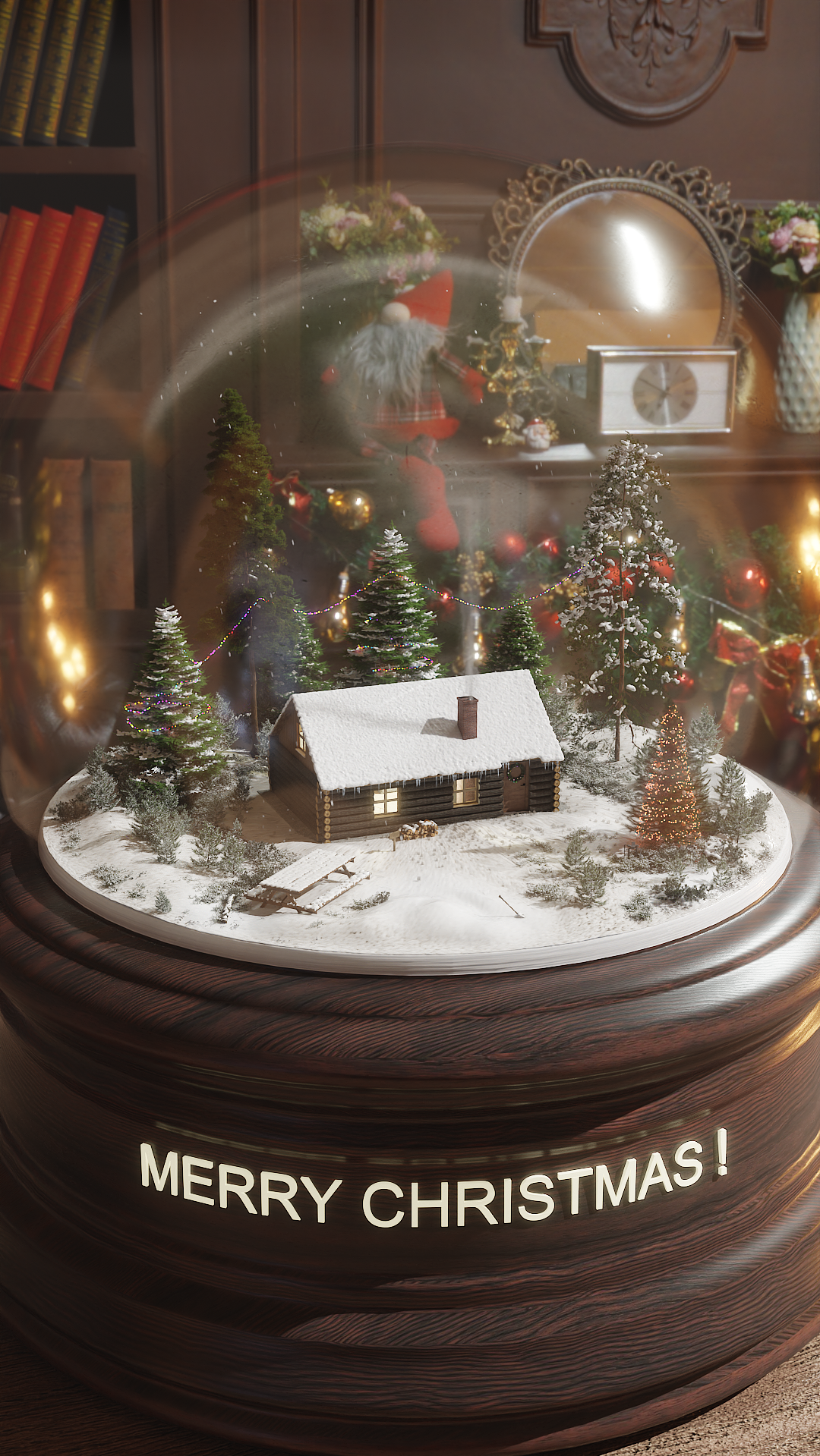 A snow globe featuring a miniature winter scene with a log cabin surrounded by decorated Christmas trees and snow, placed on a wooden base with "MERRY CHRISTMAS!" written on it. In the background, a room with a bookshelf, a mirror, and holiday decora