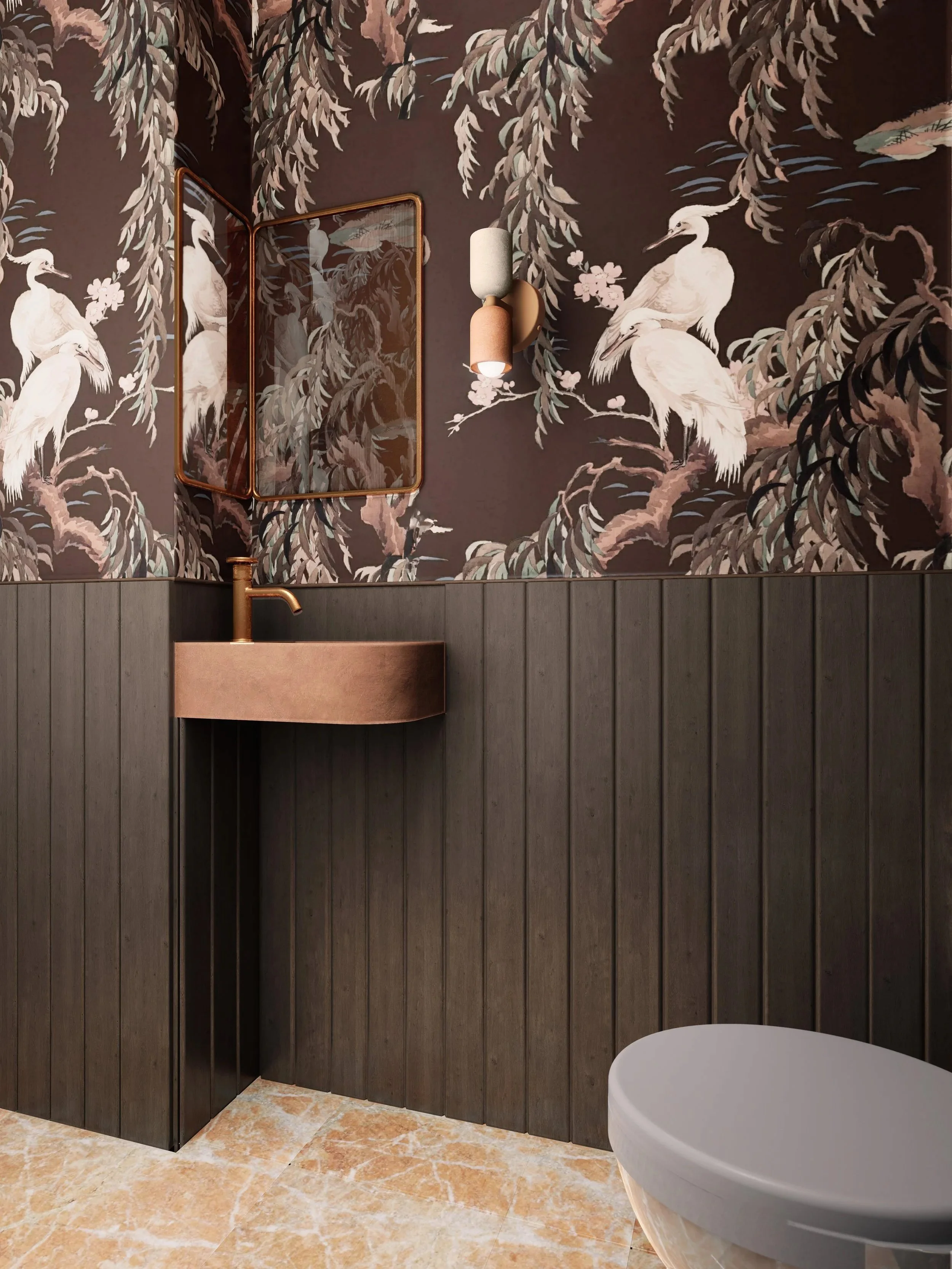 A bathroom with dark floral wallpaper featuring white cranes, a copper-colored sink, and a wall-mounted mirror with a golden frame.