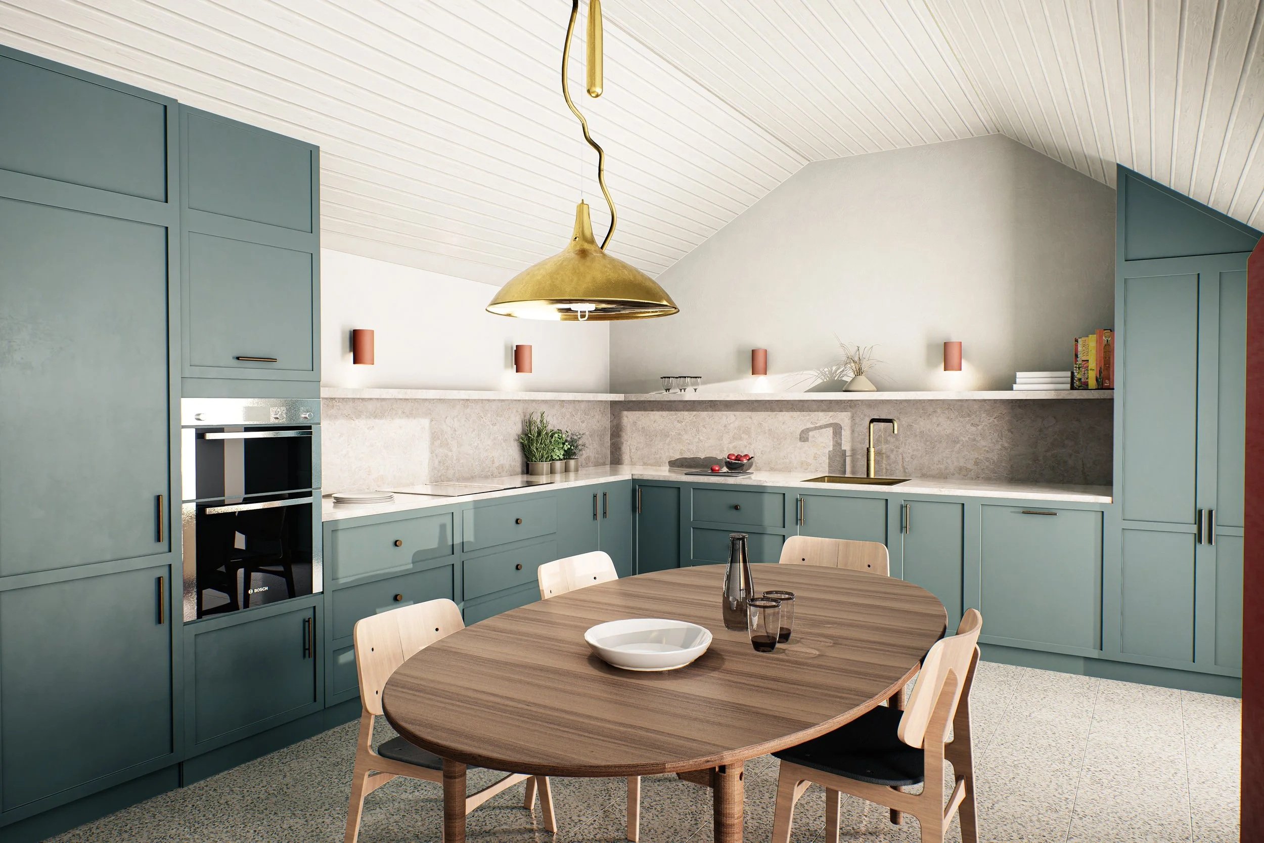 Modern kitchen with blue cabinets, a round wooden dining table with chairs, a gold hanging pendant light, and various kitchen accessories including a plant, books, and bowls.