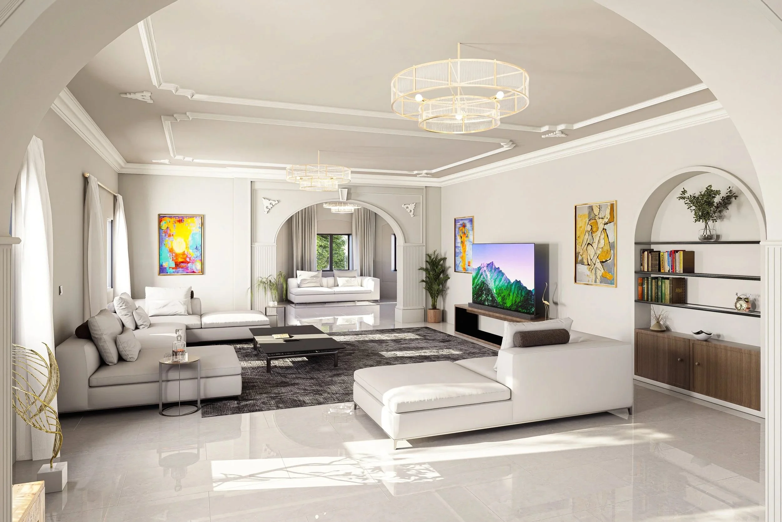 Bright and modern living room with white sofas, black coffee table, colorful abstract art on walls, a large flat-screen TV, and outdoor greenery visible through windows.