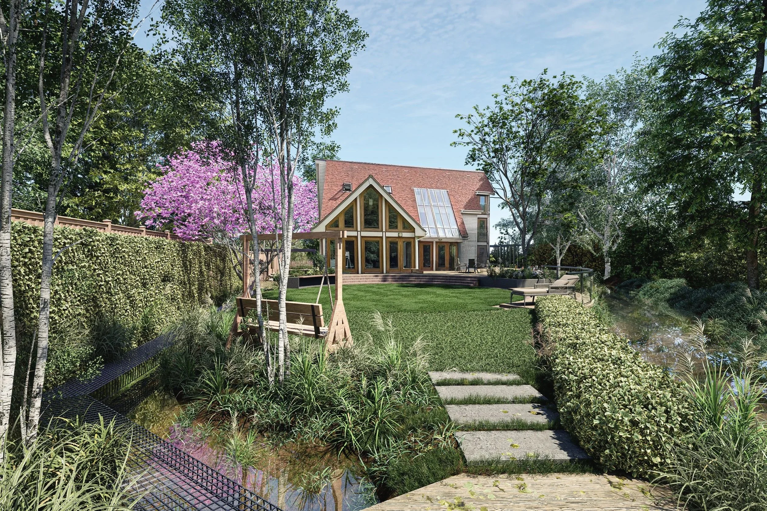 A spacious backyard with a vegetable garden, wooden swing, stone pathway, lawn, and a modern house with large windows and a solar panel roof. There are trees with pink blossoms and a pond or small stream.