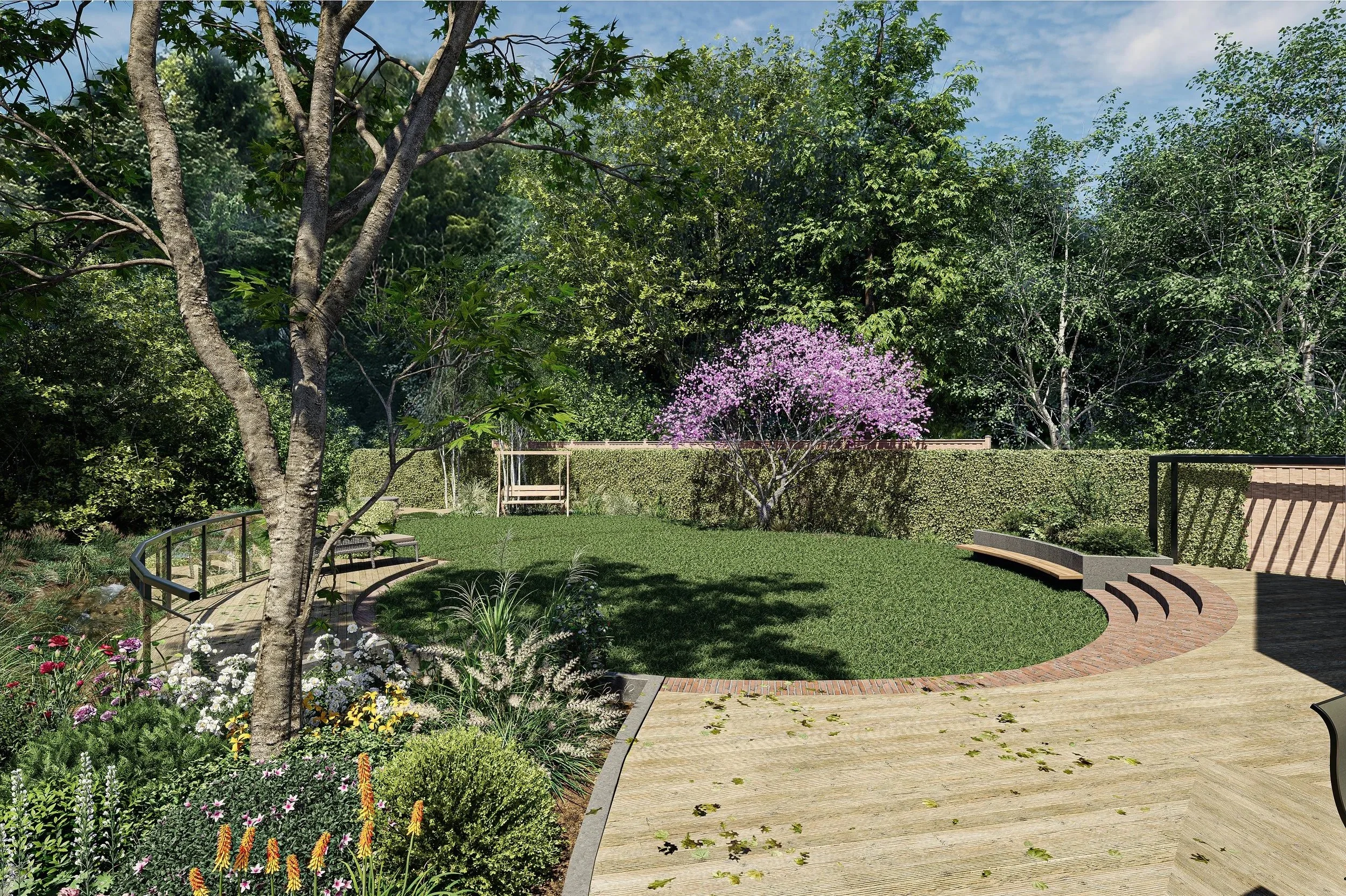 A well-maintained backyard garden with a circular grassy area, surrounded by a variety of plants and flowers. There's a large tree in the foreground and a beautiful pink flowering tree in the background. The garden features a wooden deck with steps a